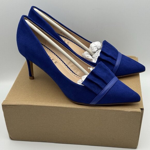 Journee Collection Marek Blue Heels Size 7.5 Pointed Toe Kitten Pumps Slip Ons - Picture 1 of 10
